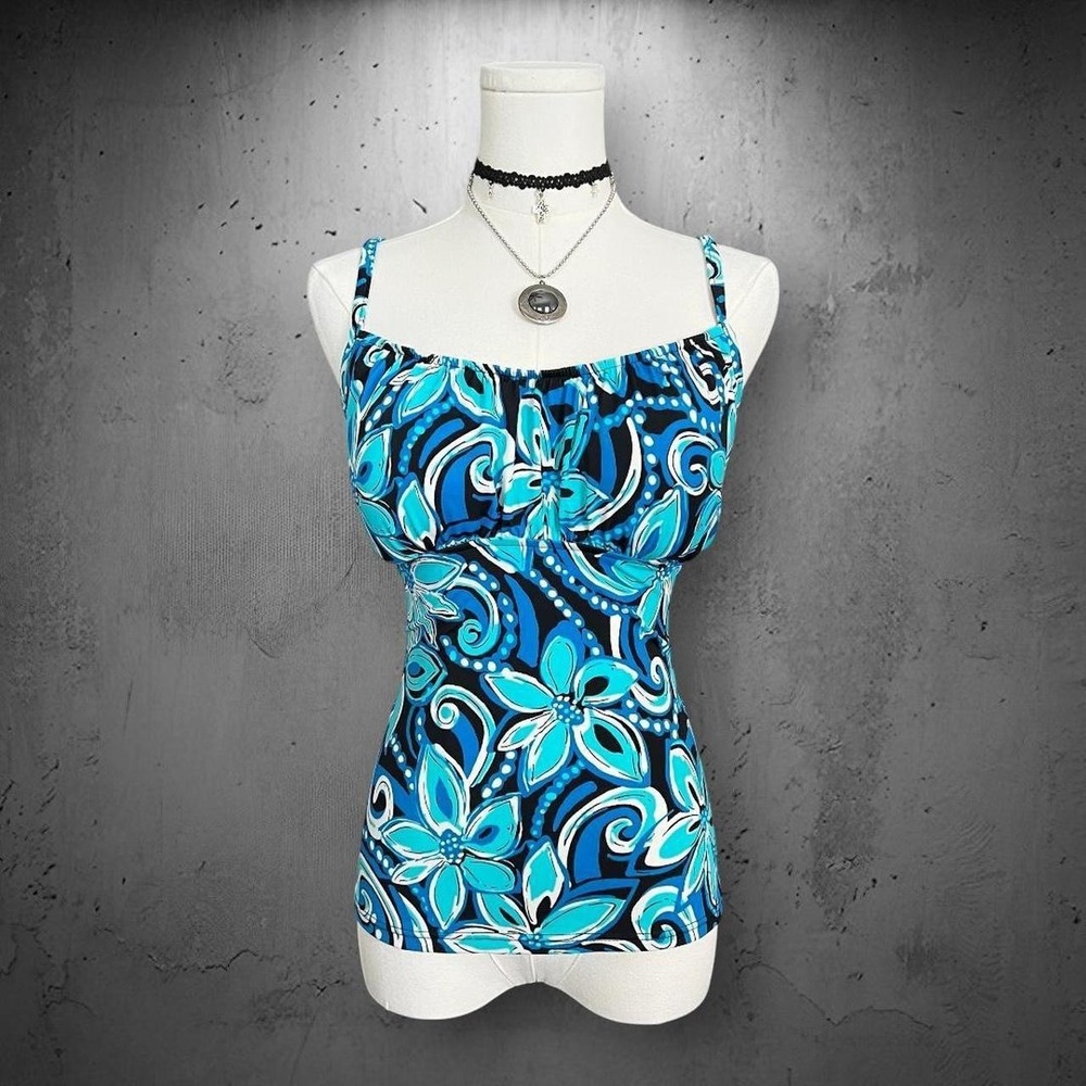 Y2K Jamaica Bay Floral Summer Tankini Swim Top 16 Tall Blue Tropical Beach Boho